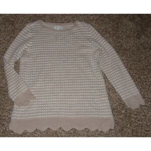 ELLE Tan Striped Sz Medium Casual or Dress Scalloped Hem Pullover Tunic Sweater